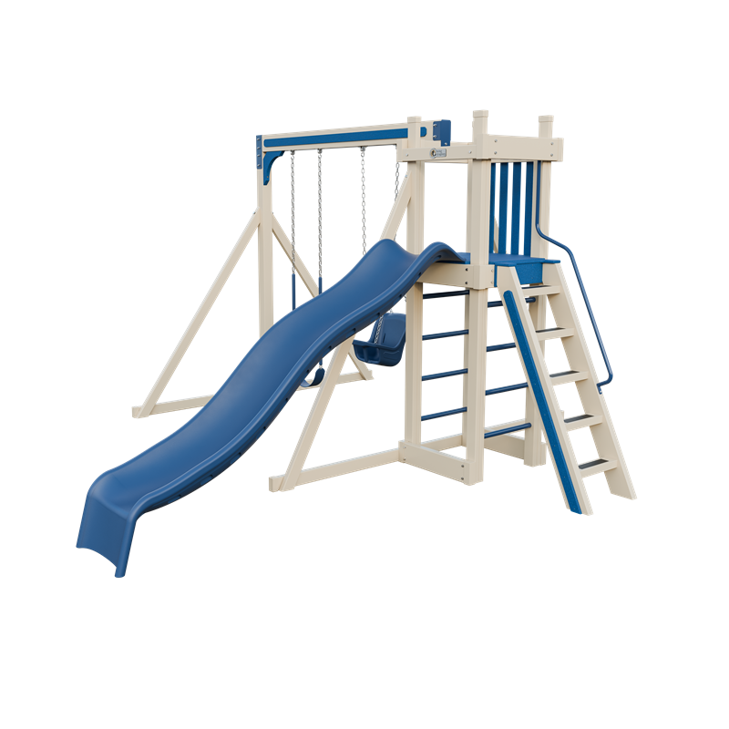 Basecamp 22 swing set in almond and blue, front right