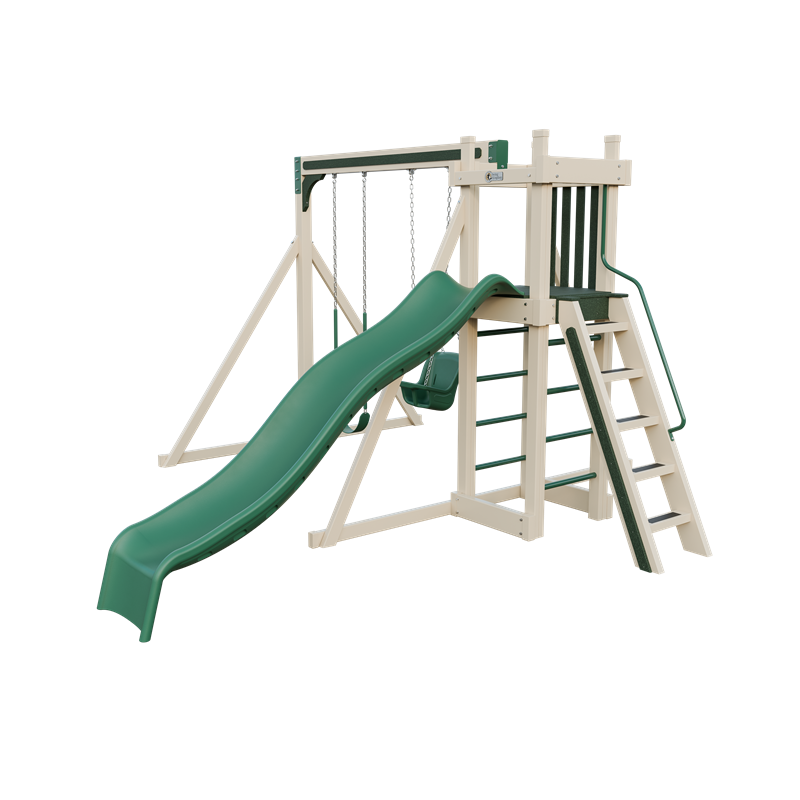 Basecamp 22 swing set in almond and gray, front right