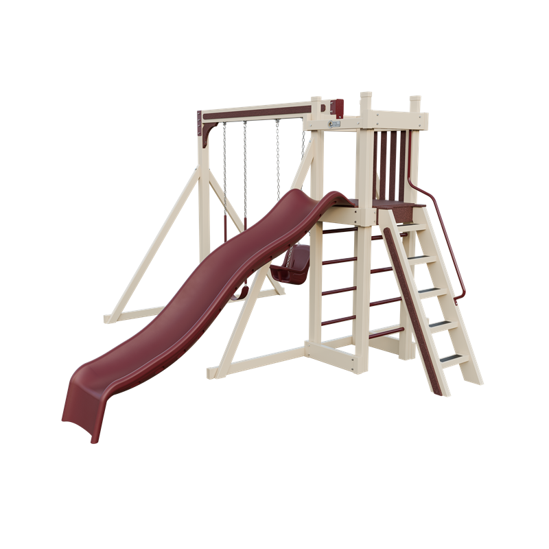 Basecamp 22 swing set in almond and red, front right