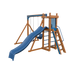 Basecamp 22 swing set in wood grain and blue, front right