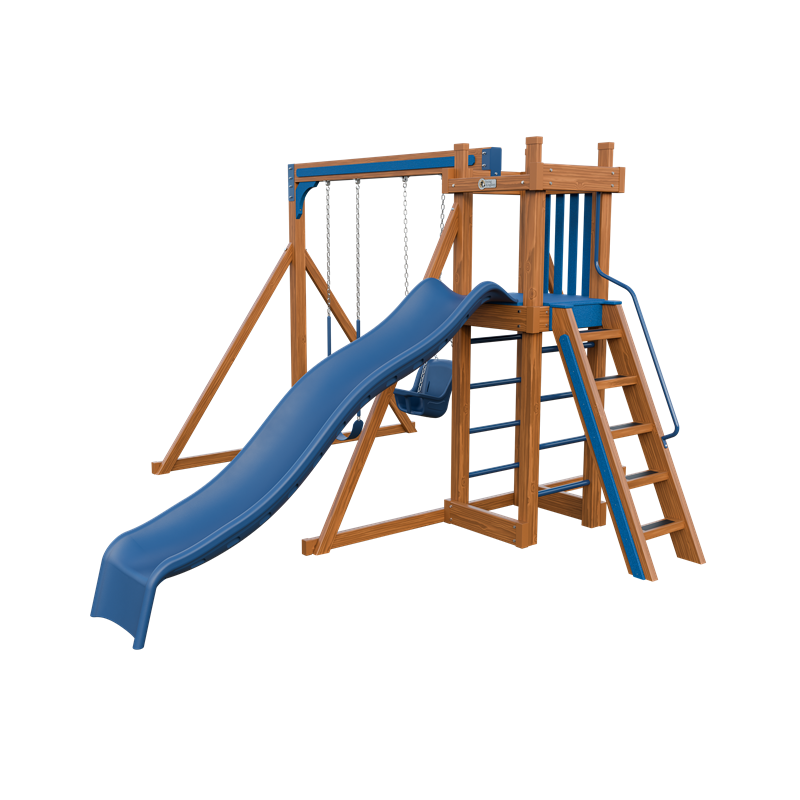 Basecamp 22 swing set in wood grain and blue, front right