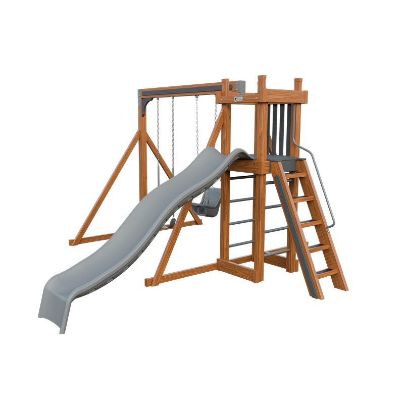 Basecamp 22 swing set in wood grain and gray, front right