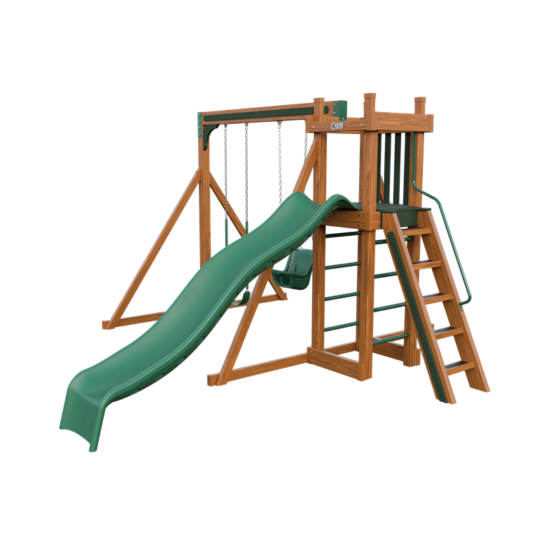 Basecamp 22 swing set in wood grain and green, front right