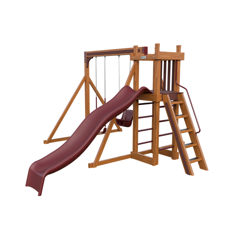 Basecamp 22 swing set in wood grain and red, front right