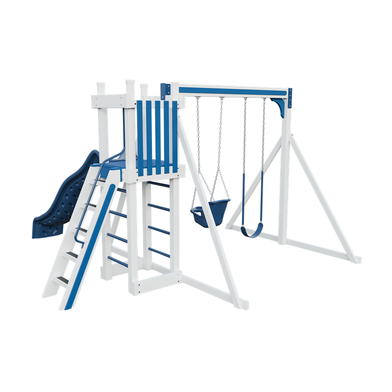 Basecamp 22 swing set in white and blue, back left