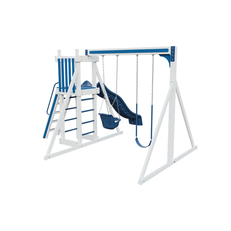 Basecamp 22 swing set in white and blue, back right