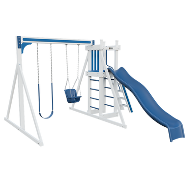 Basecamp 22 swing set in white and blue, front left