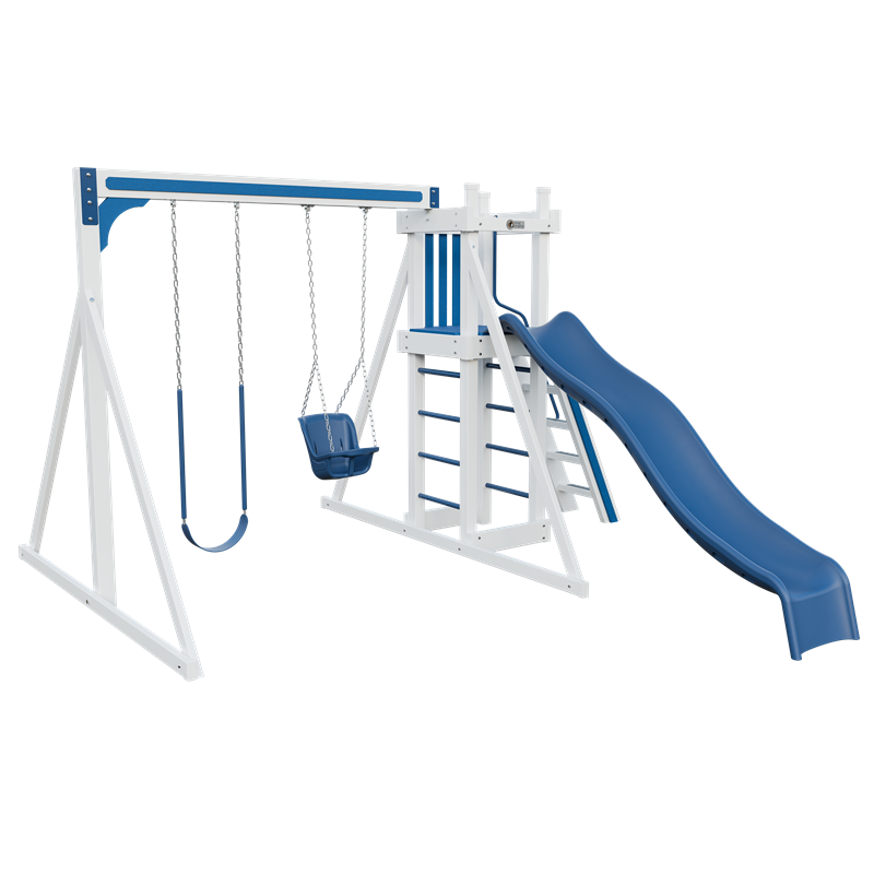 Basecamp 22 swing set in white and blue, front left