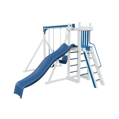 Basecamp 22 swing set in white and blue, front right