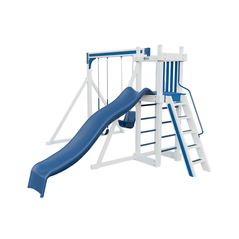 Basecamp 22 swing set in white and blue, front right