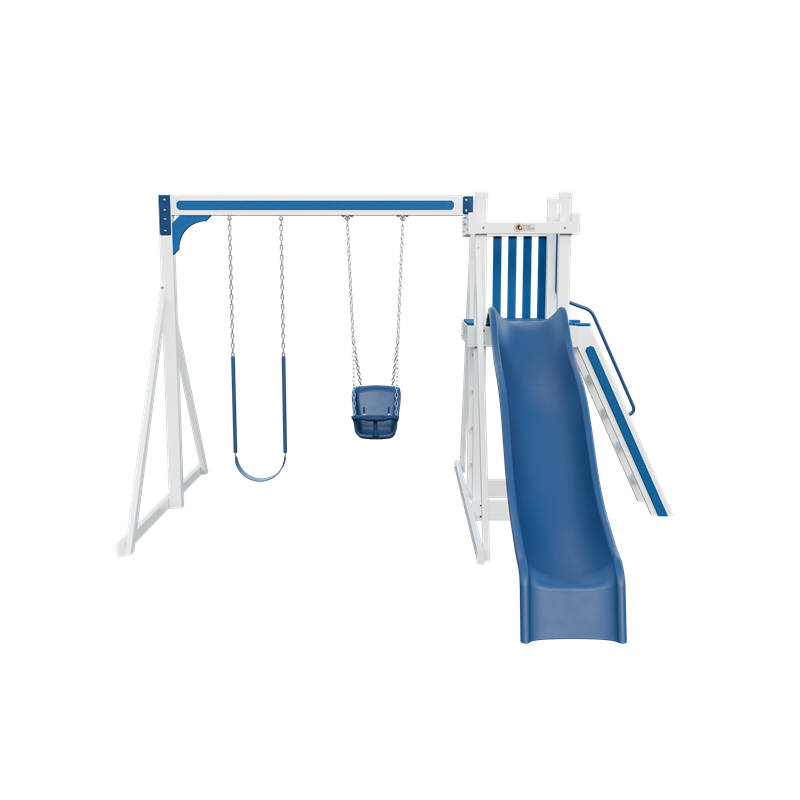 Basecamp 22 swing set in white and blue, front