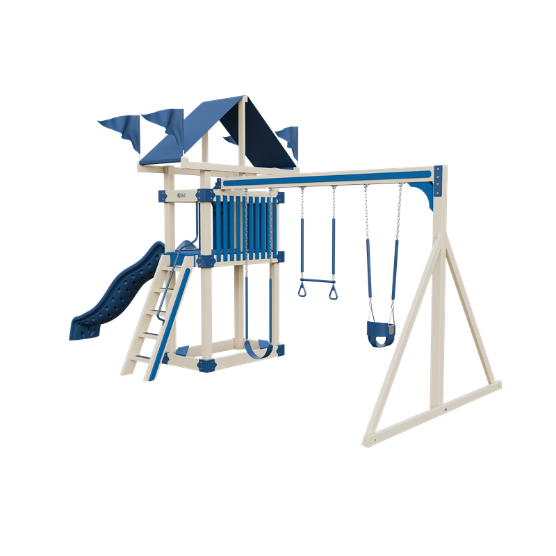 Basecamp 35 swing set in almond and blue, front right