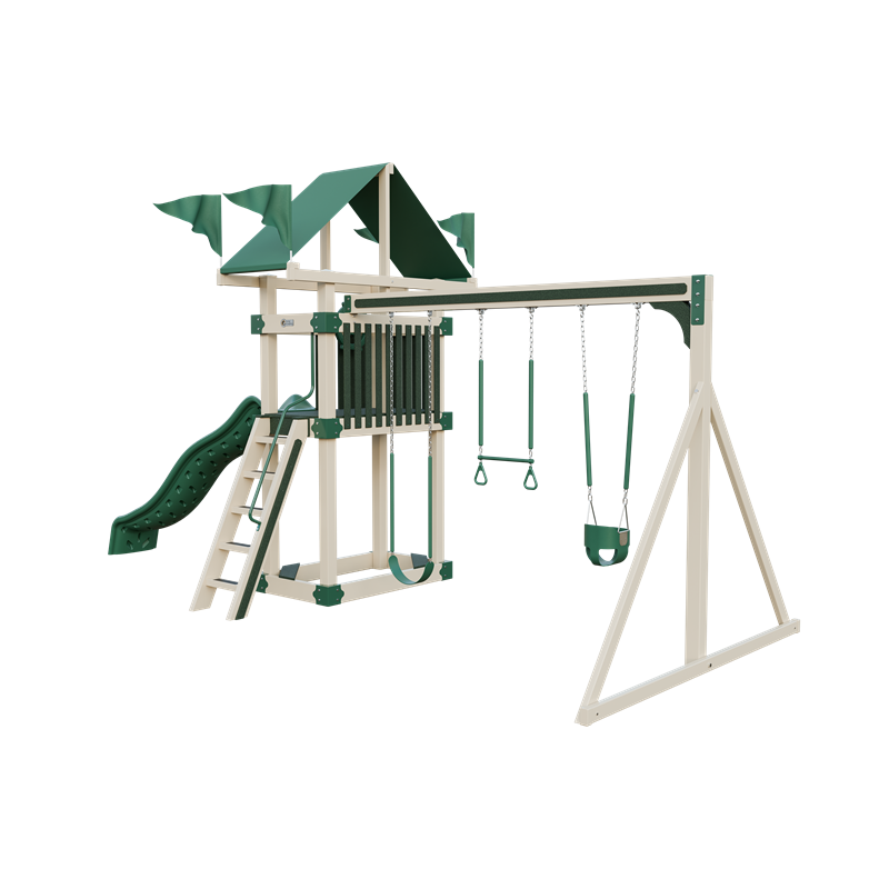 Basecamp 35 swing set in almond and green, front right