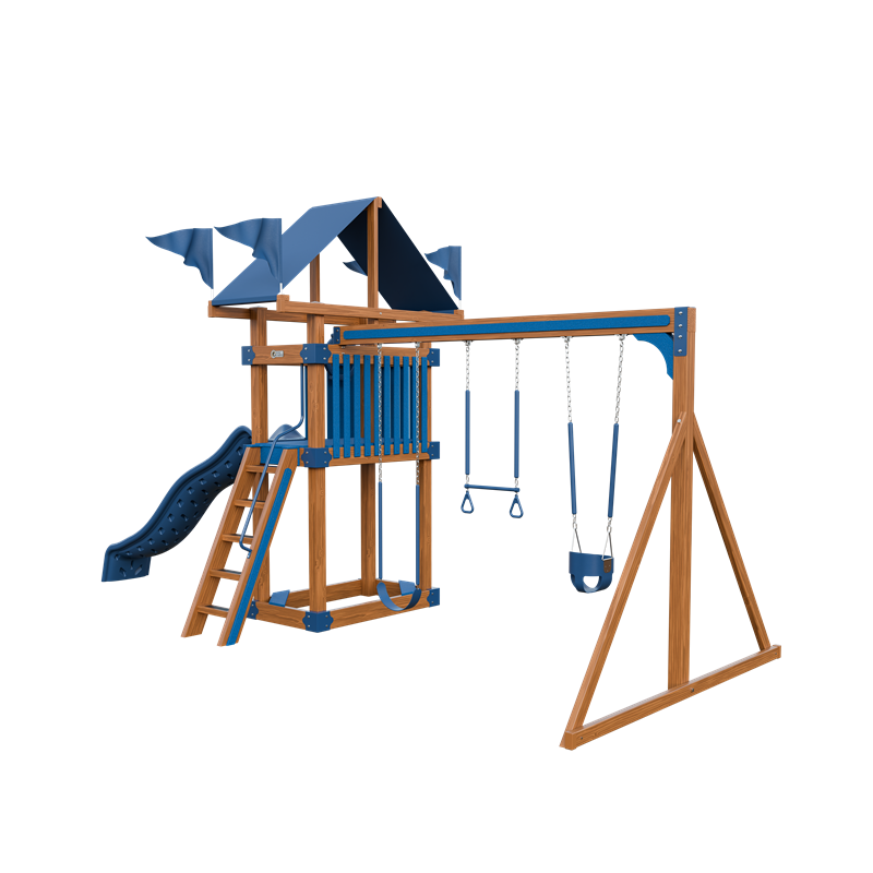 Basecamp 35 swing set in wood grain and blue, front right