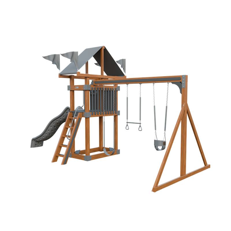 Basecamp 35 swing set in wood grain and gray, front right