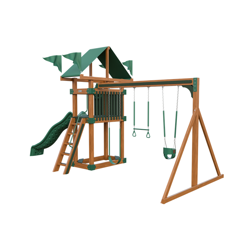 Basecamp 35 swing set in wood grain and green, front right