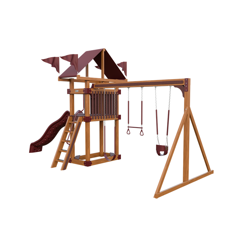 Basecamp 35 swing set in wood grain and red, front right