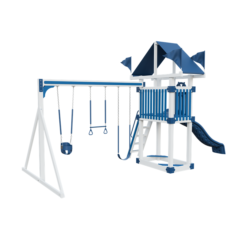 Basecamp 35 swing set in white and blue, back left