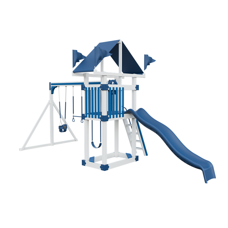 Basecamp 35 swing set in white and blue, back right