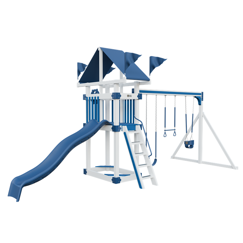 Basecamp 35 swing set in white and blue, front left