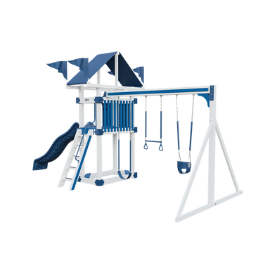 Basecamp 35 swing set in white and blue, front right