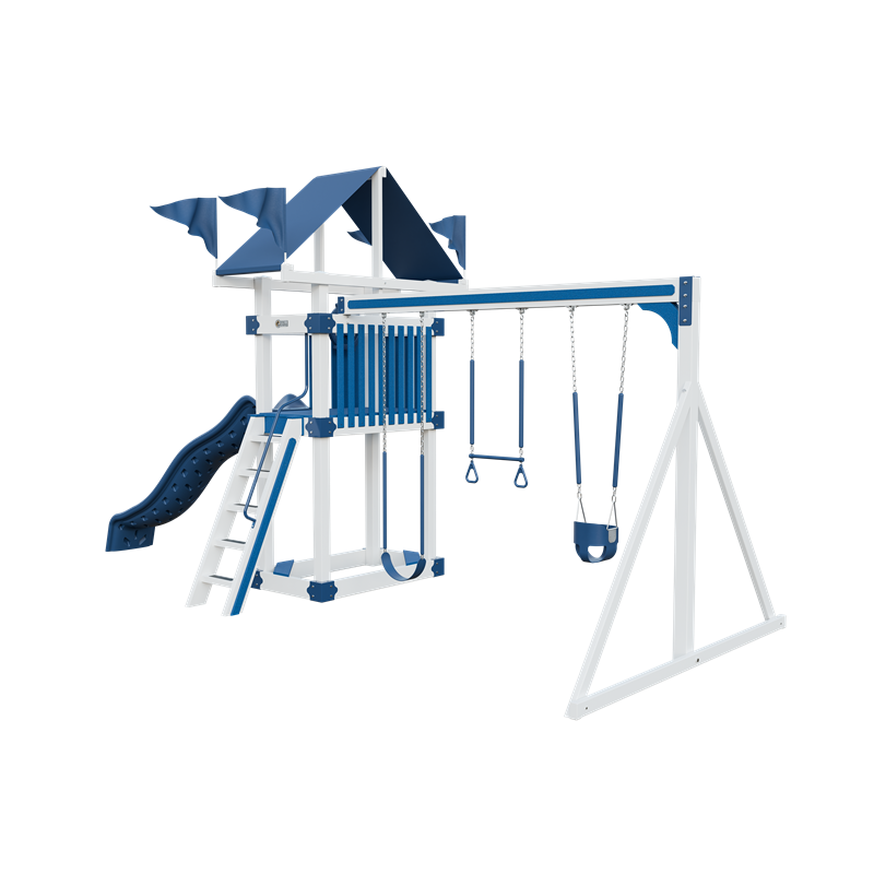 Basecamp 35 swing set in white and blue, front right