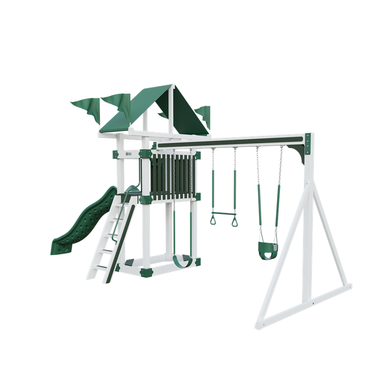 Basecamp 35 swing set in white and green, front right