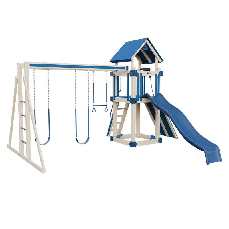 Basecamp 44 swing set in almond and blue, front left