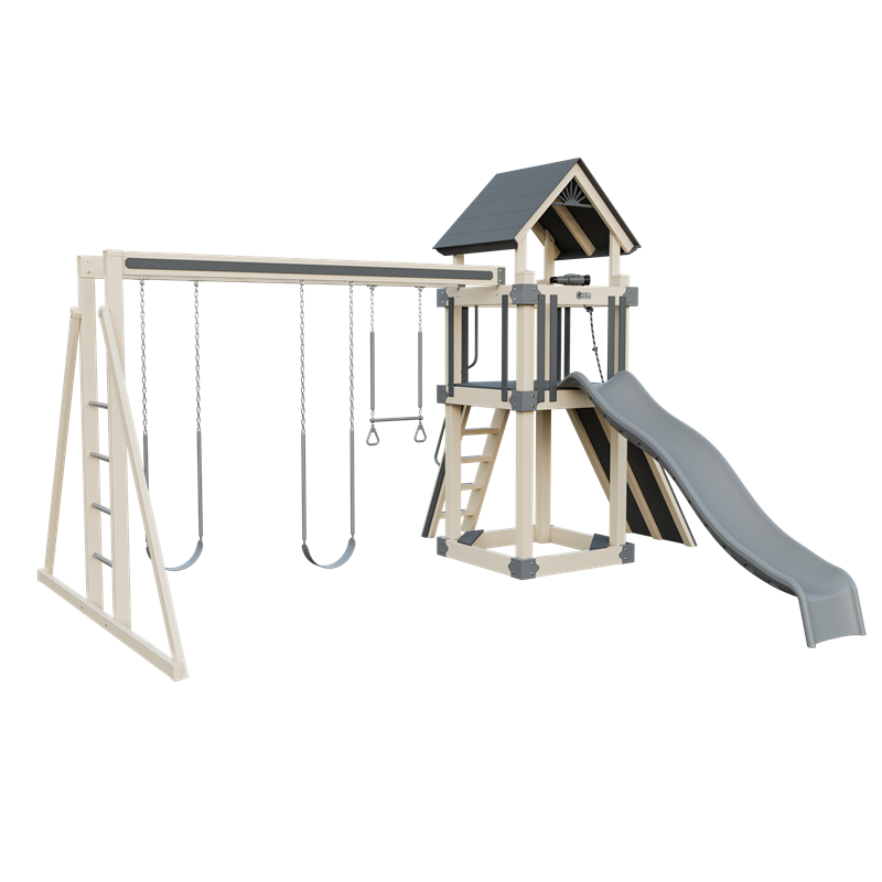 Basecamp 44 swing set in almond and gray, front left