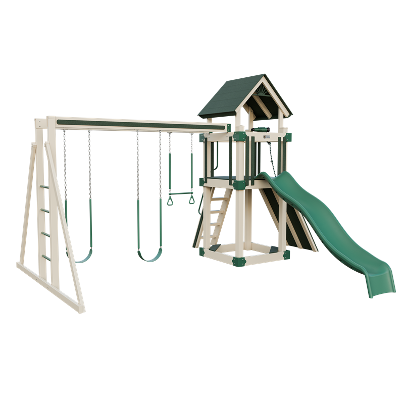 Basecamp 44 swing set in almond and green, front left