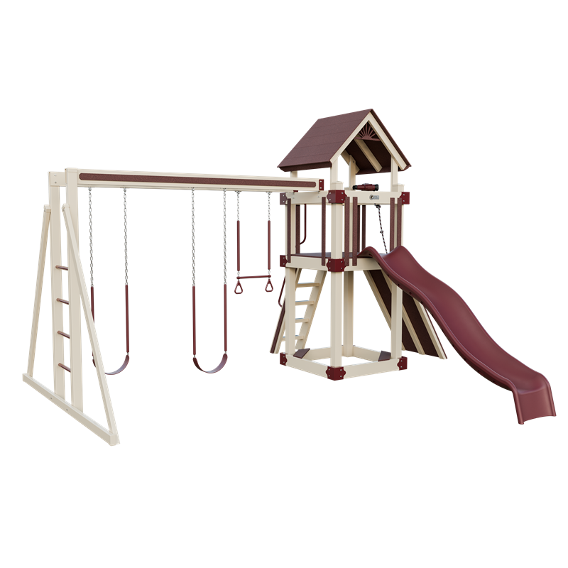 Basecamp 44 swing set in almond and red, front left