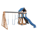 Basecamp 44 swing set in wood grain and blue, front left