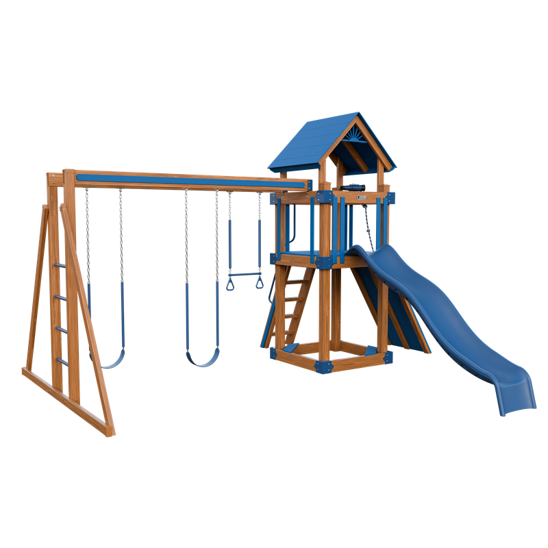 Basecamp 44 swing set in wood grain and blue, front left