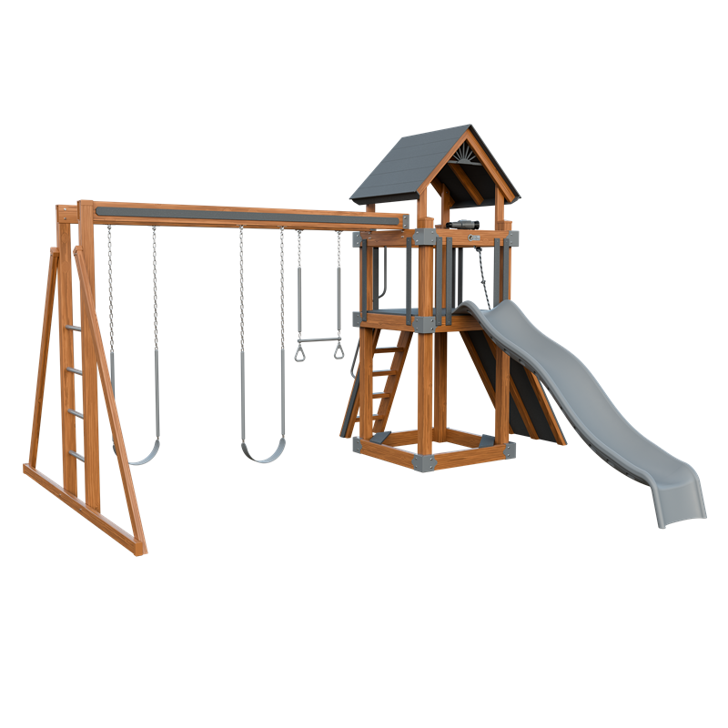 Basecamp 44 swing set in wood grain and gray, front left