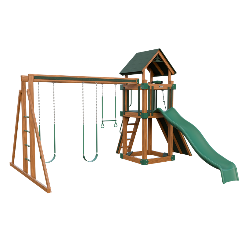 Basecamp 44 swing set in wood grain and green, front left