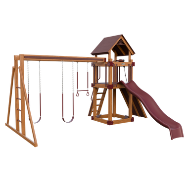 Basecamp 44 swing set in wood grain and red, front left