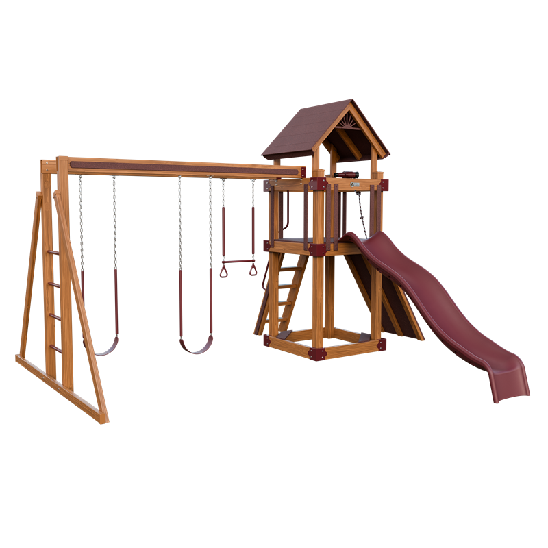 Basecamp 44 swing set in wood grain and red, front left