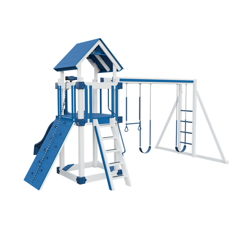 Basecamp 44 swing set in white and blue, back left