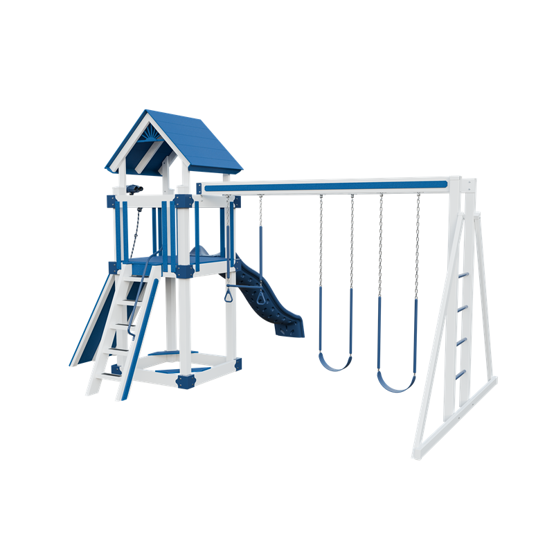 Basecamp 44 swing set in white and blue, back right