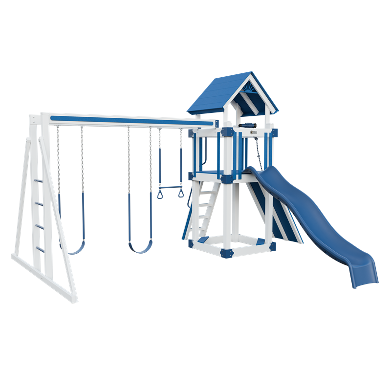 Basecamp 44 swing set in white and blue, front left