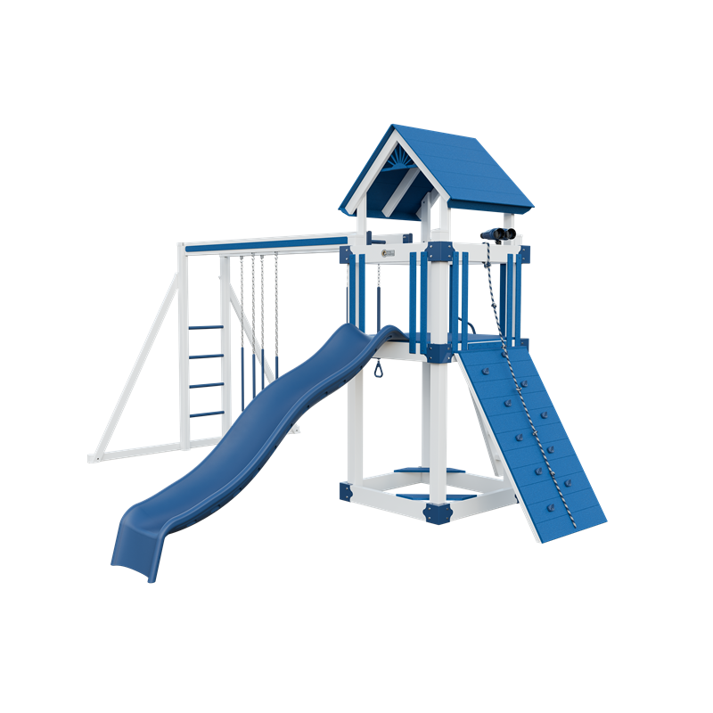 Basecamp 44 swing set in white and blue, front right