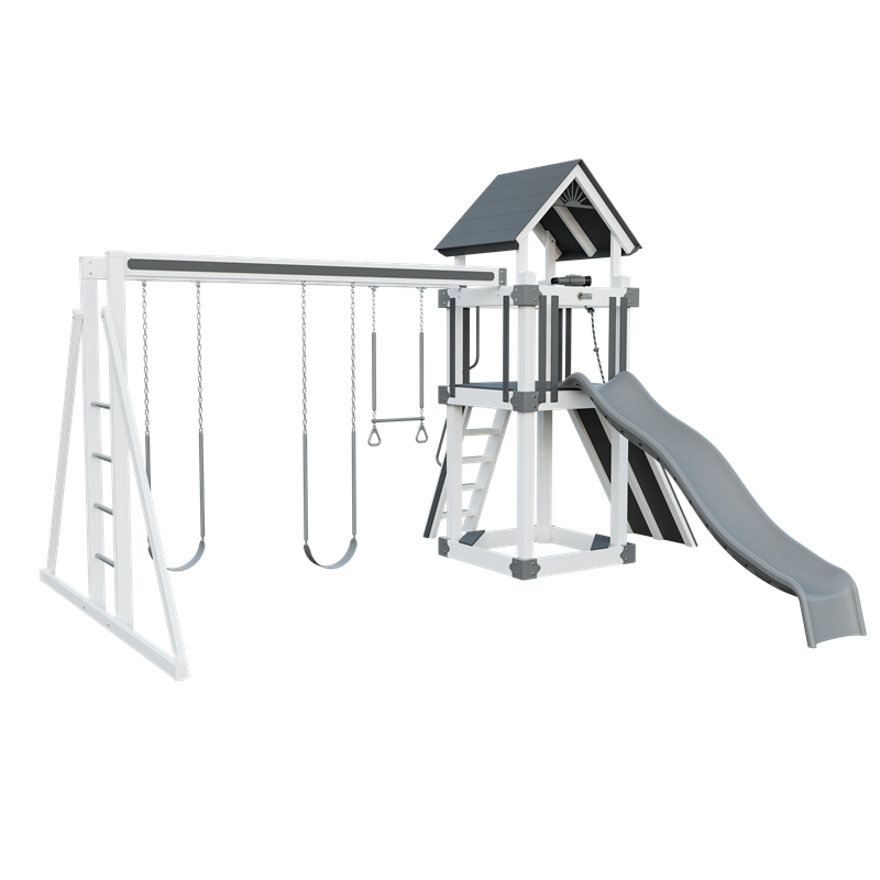 Basecamp 44 swing set in white and gray, front left