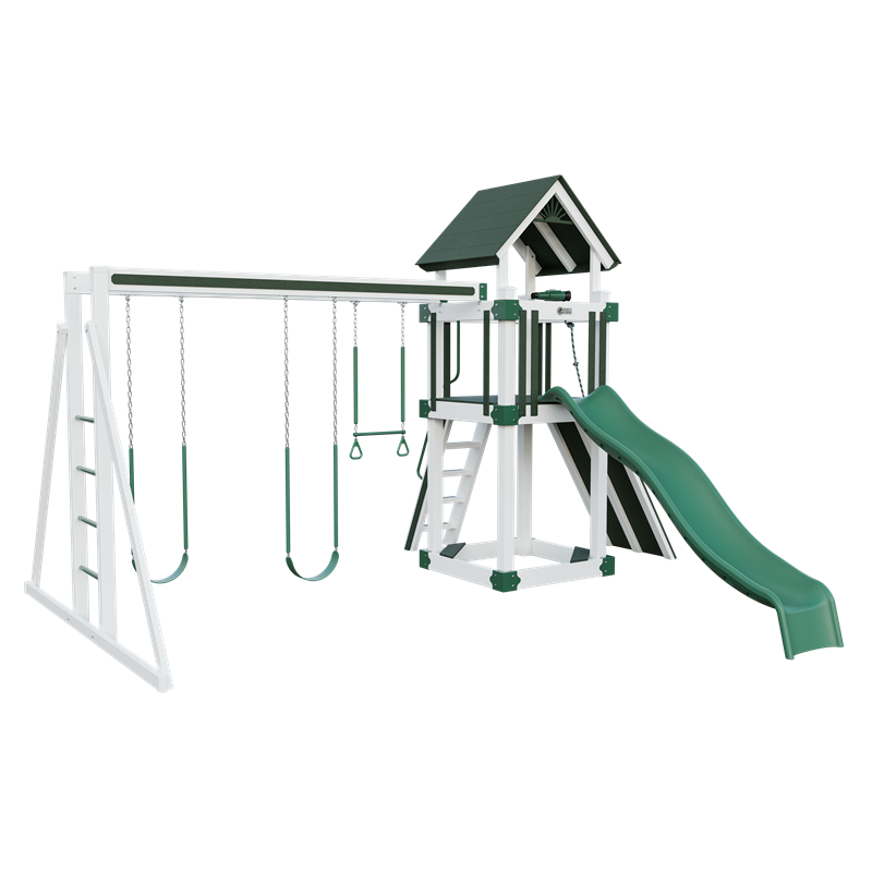 Basecamp 44 swing set in white and green, front left