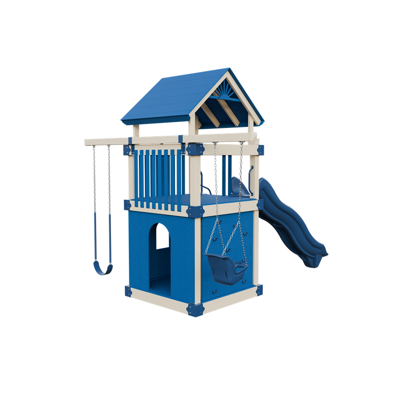 Basecamp 55 Clubhouse swing set in almond and blue, back right