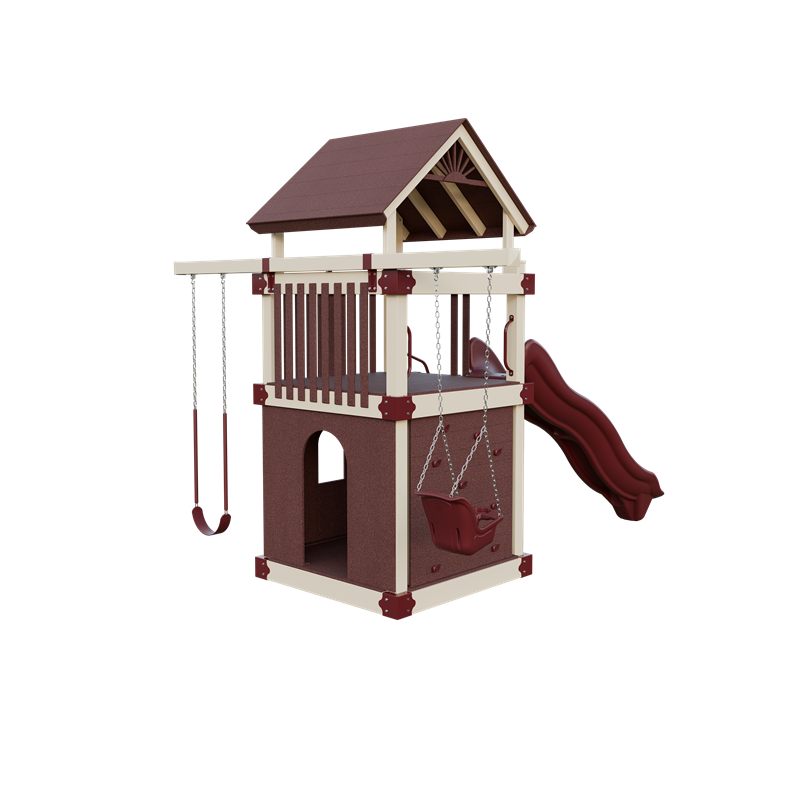 Basecamp 55 Clubhouse swing set in almond and red, back right