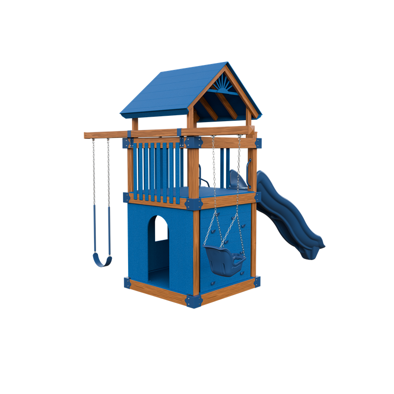 Basecamp 55 Clubhouse swing set in wood grain and blue, back right