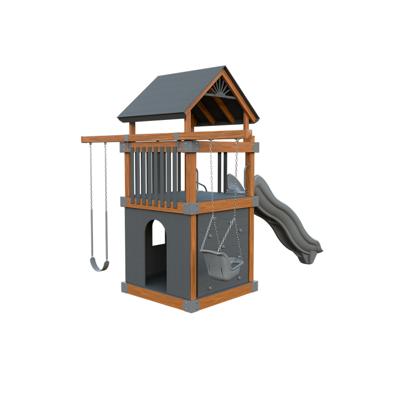 Basecamp 55 Clubhouse swing set in wood grain and gray, back right