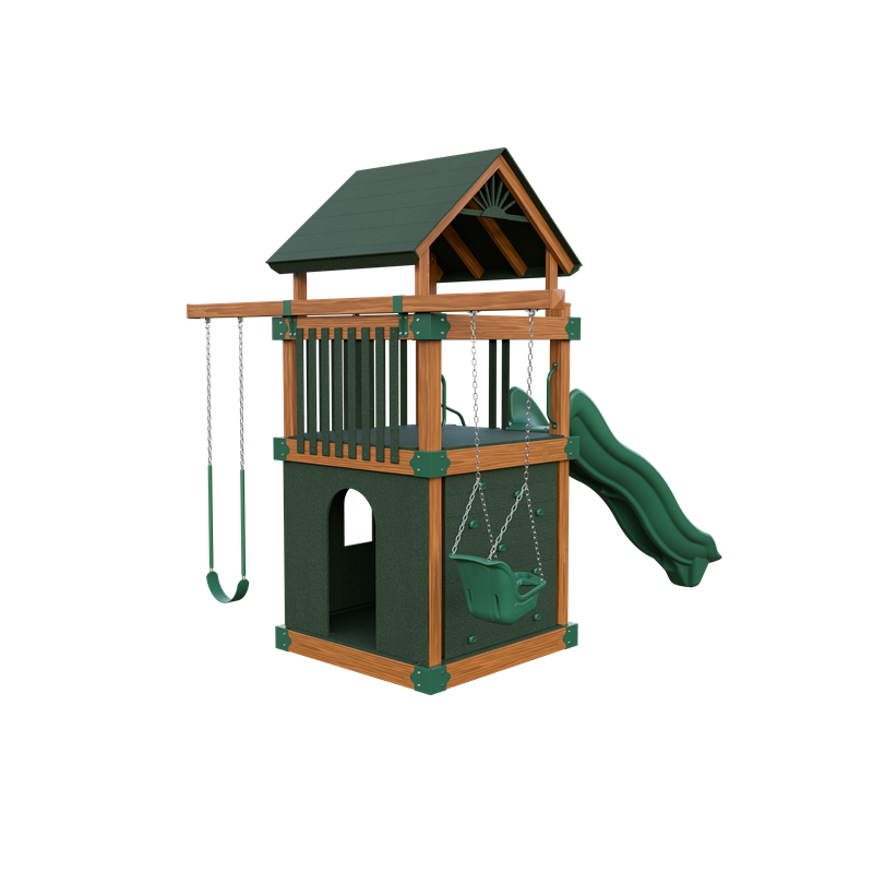 Basecamp 55 Clubhouse swing set in wood grain and green, back right