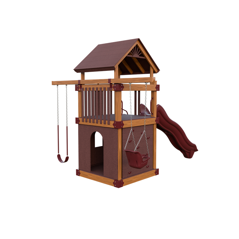 Basecamp 55 Clubhouse swing set in wood grain and red, back right