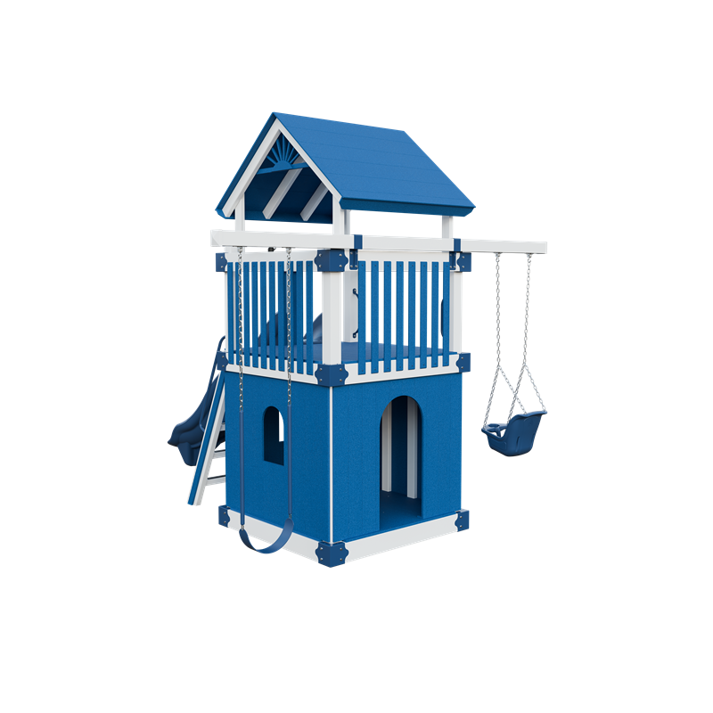 Basecamp 55 Clubhouse swing set in white and blue, back left